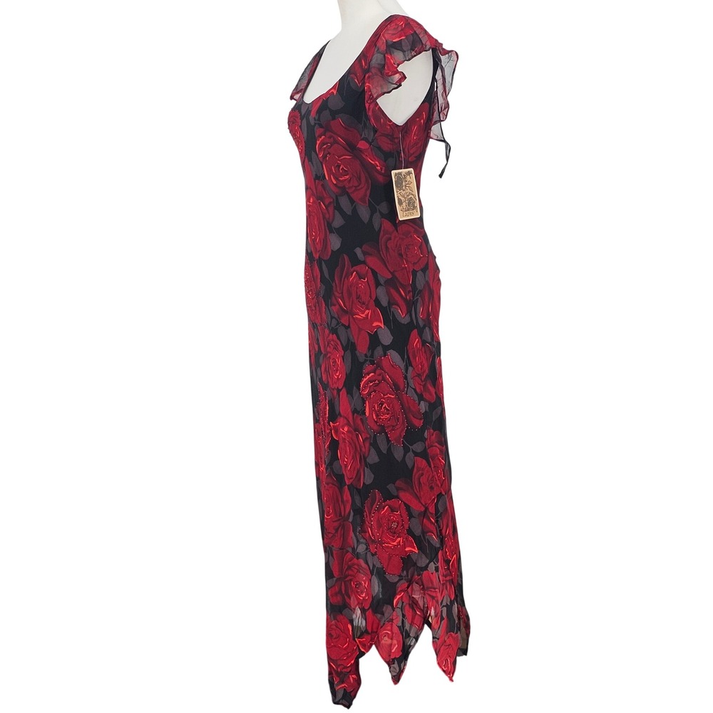 Vintage Lapis Silk Bias Rose Maxi Dress L Black Red Hanky Hem Whimsigoth Y2K NWT - Picture 3 of 16